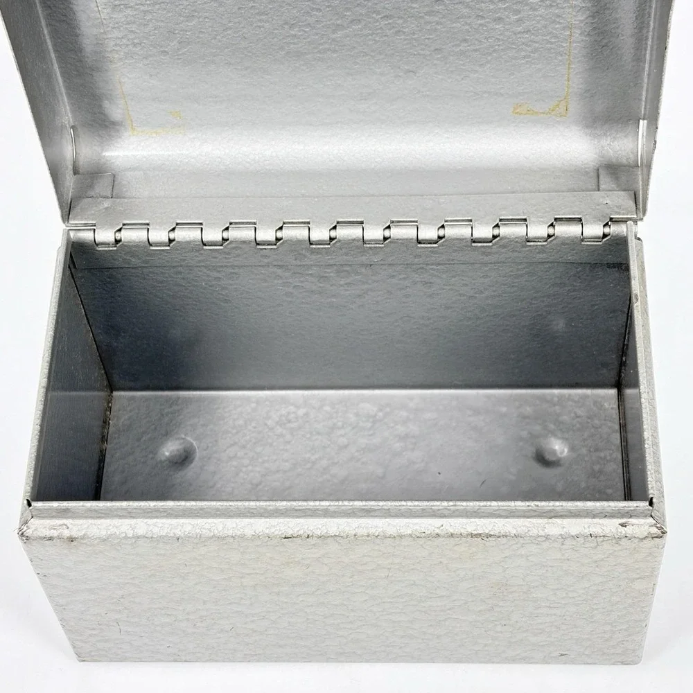 Vintage Industrial Hammered Metal Storage Box Hinged Lid Card File Utility